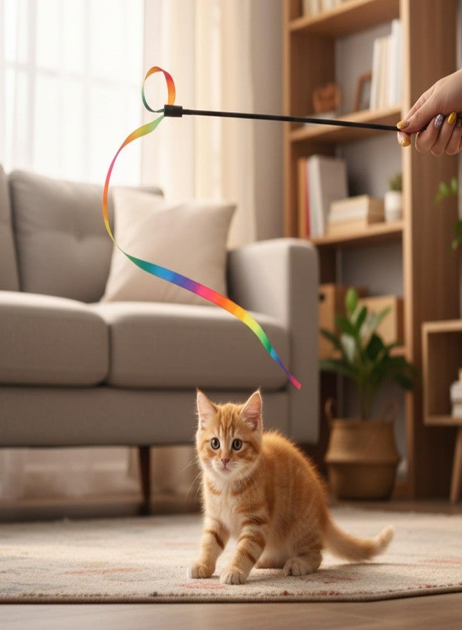 salbsever 5 PCS Cat Ribbon Toy, String Cat Toy, Interactive Colorful Teaser Wandstring with Rainbow Ribbon for Indoor Cats Exercise and Playtime - Image 4